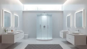 Admire le mobilier moderne sirhona, incluant une cabine de douche élégante et des miroirs LED.