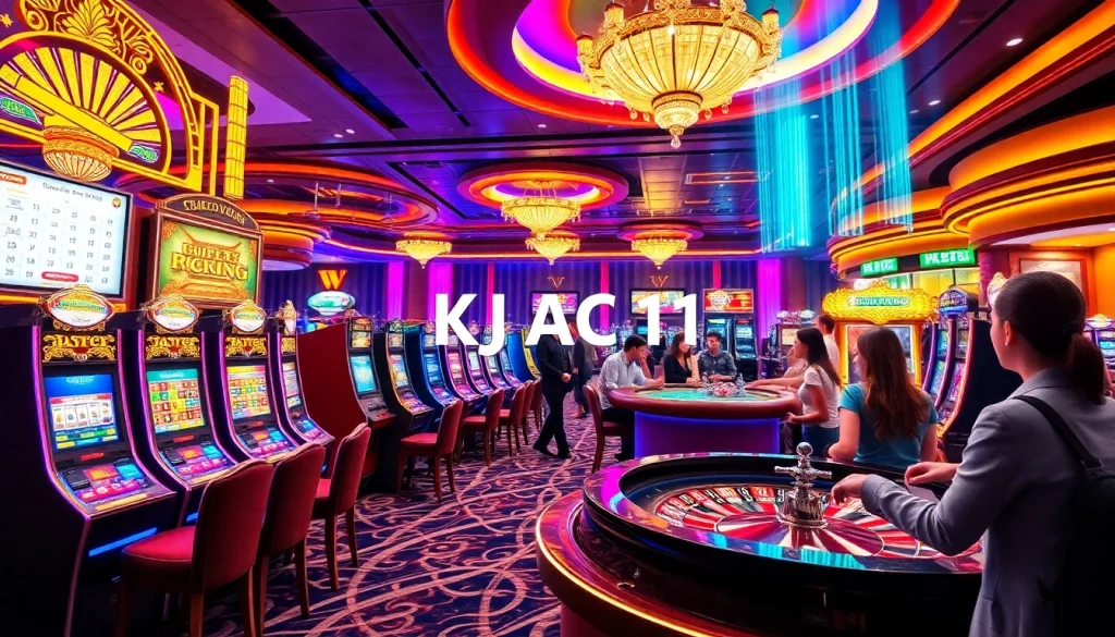 Exciting casino scene showing KJC AC 1 at colorful slot machines and tables.