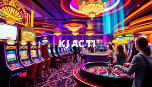 Exciting casino scene showing KJC AC 1 at colorful slot machines and tables.