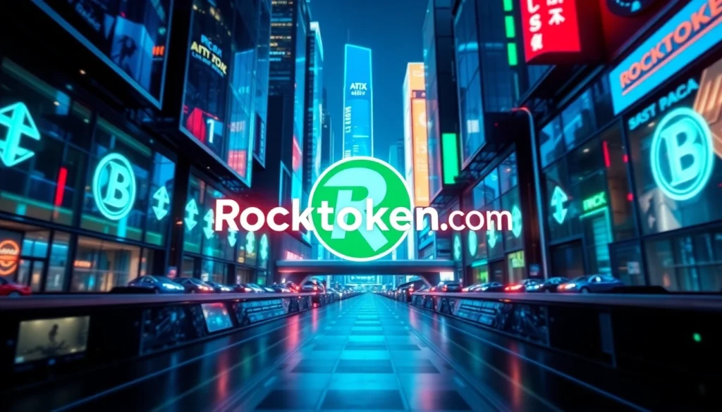 Visual representation of Rocktoken.com logo amidst a vibrant blockchain city skyline.