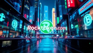 Visual representation of Rocktoken.com logo amidst a vibrant blockchain city skyline.