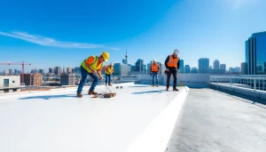 Apply commercial roof waterproofing in a professional urban environment during daylight.