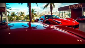 Showcasing the Ferrari dealership Durban and a stunning red Ferrari parked in a vibrant city.