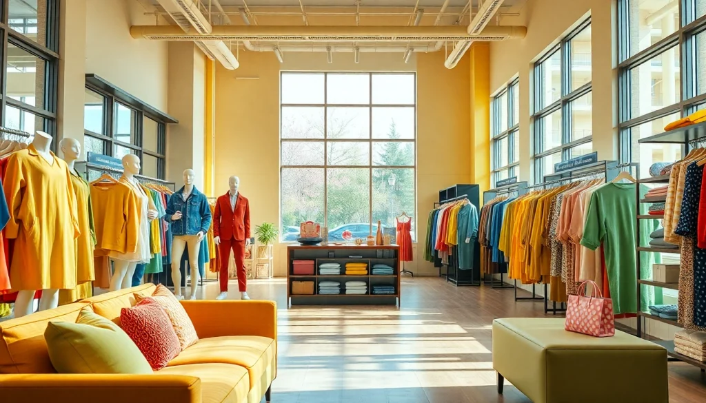 Vibrant clothing store interior showcasing colorful garments and inviting atmosphere.