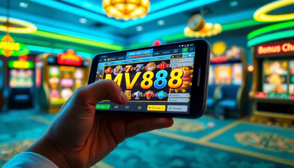 Engaging visual of the MV88 game app on a smartphone, showcasing vibrant online gaming features.