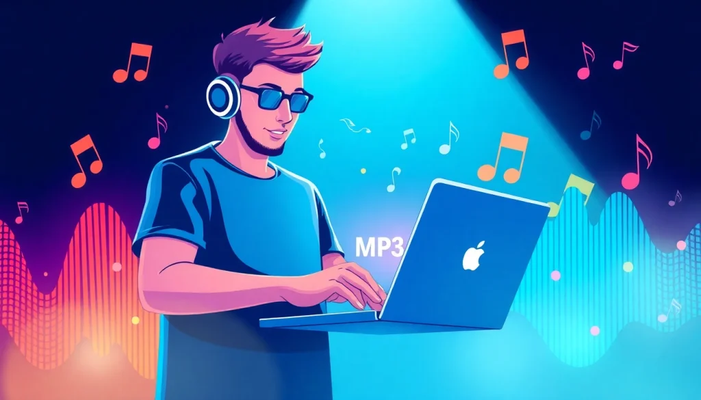 Download MP3 music files easily using a laptop surrounded by musical elements.