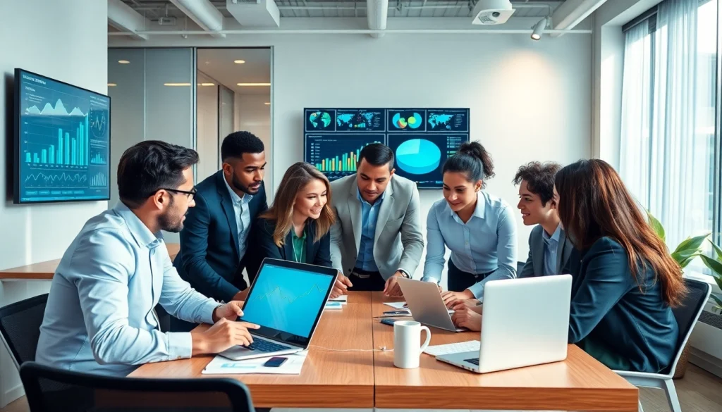 Engaged team performing competitive intelligence analysis in a collaborative office setting.