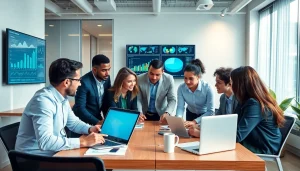 Engaged team performing competitive intelligence analysis in a collaborative office setting.