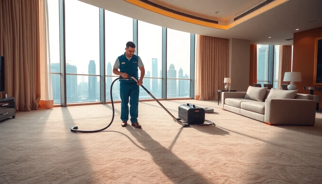 Carpet cleaning Dubai specialist demonstrating effective cleaning techniques in a modern apartment.