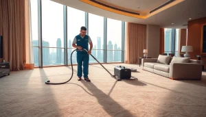 Carpet cleaning Dubai specialist demonstrating effective cleaning techniques in a modern apartment.