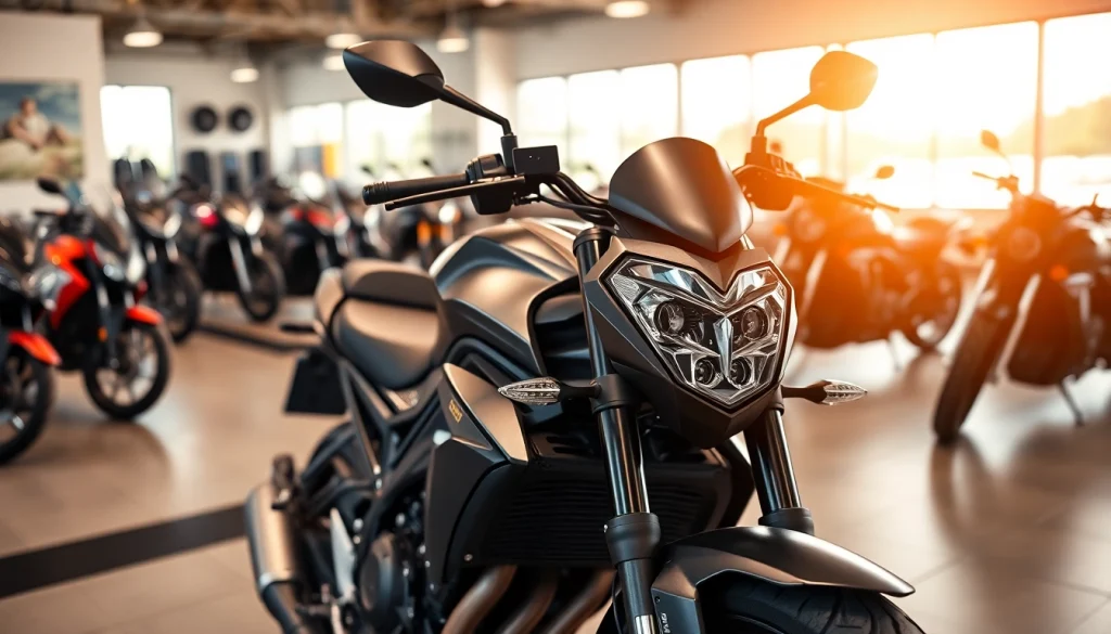 Wir kaufen dein motorrad - eine moderne Motorradausstellung mit hochwertigem Motorrad im Vordergrund.