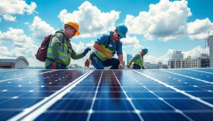 Technicians from https://solarxmedia.com installing solar panels on a rooftop in a vibrant urban setting.