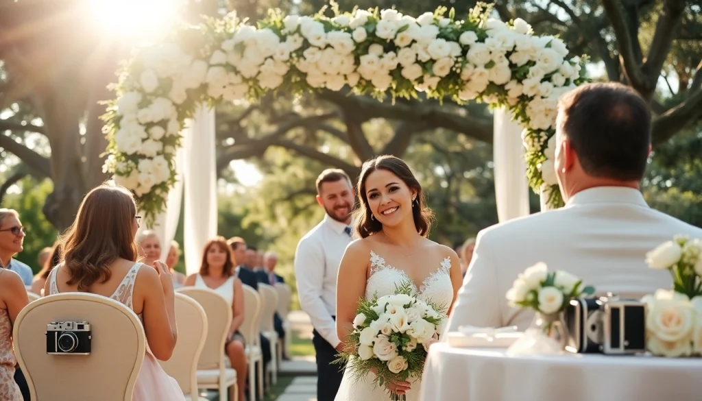 Wedding photographer Tampa capturing a joyous couple under a floral arch during a sunny outdoor ceremony.