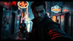 Engaging action-packed thriller scene with a heroic figure in a suspenseful urban setting.