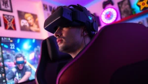 Jelajahi daftar ggsoft game dengan gamer fokus di ruang permainan modern yang terang.