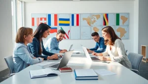 Engaged linguists collaborating at a conference table on https://www.elitetranslingo.com
