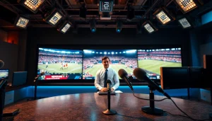 스포츠중계 전문 앵커가 스튜디오에서 생중계를 하는 모습