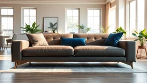 Elegant sofa bed in a modern living room with vibrant décor accents.