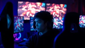 Gamer engaging in an intense competition featuring New88 on multiple screens.