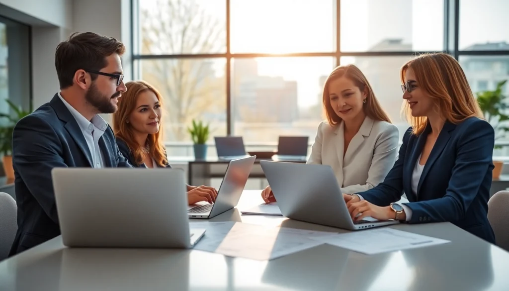 Real Estate professionals collaborating over property listings in a modern office.