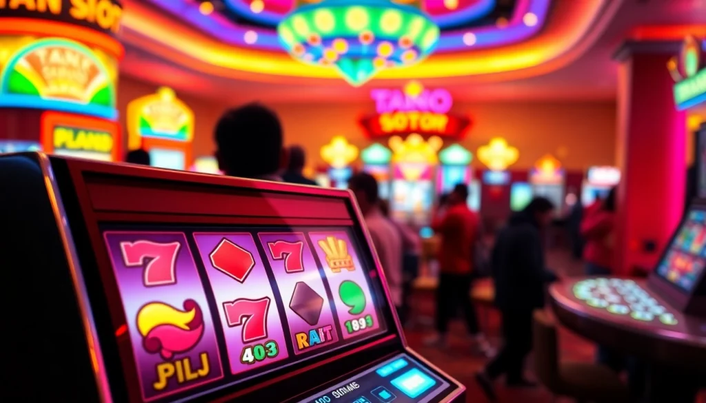 Putar mesin slot tank4d toto slot dengan simbol warna-warni dan suasana kasino yang ceria.