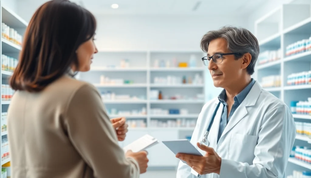 Patient consultation at https://www.medexdtc.com in a modern pharmacy, showcasing personalized medication advice.
