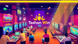 Tashan win logo displayed in a lively gaming environment, showcasing players enjoying diverse games.