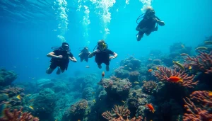 Scuba divers exploring vibrant coral reefs full of marine life at https://marvinscubaexpeditions.com.