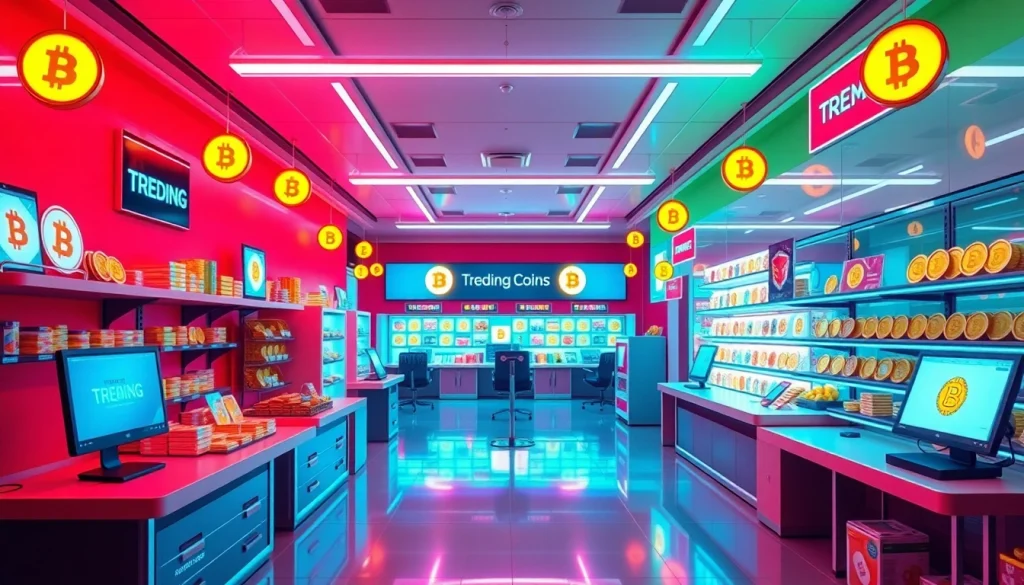 Trending Coins listing feature showcasing dynamic tokens and a tech-savvy marketplace view.