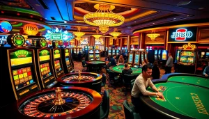 Experience the thrill of JBO with exciting poker players and dazzling slot machines at a bustling casino.