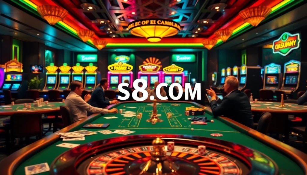 Experience high-stakes poker action at S8.COM with players competing and vibrant chips on the table.