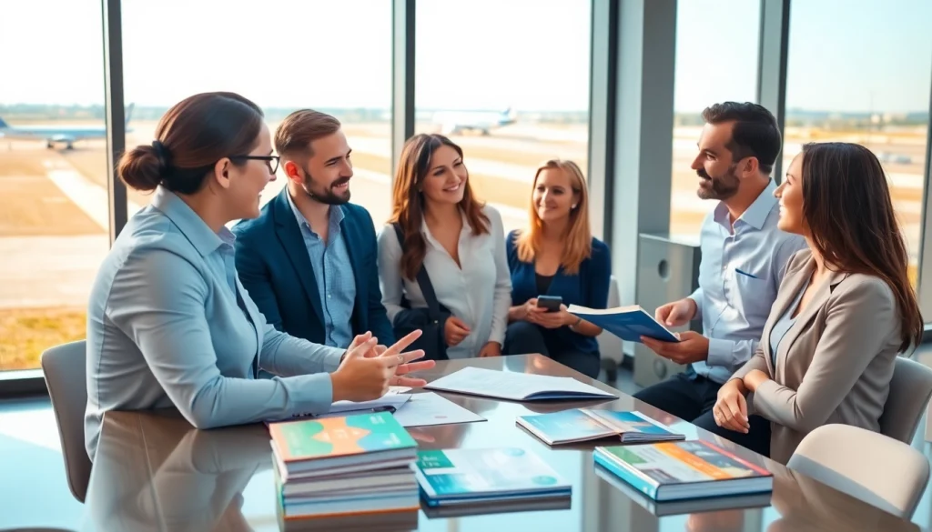 Explore flight insurance details with a travel agent in a modern office.