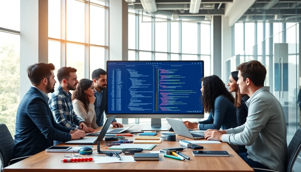 Engaged team collaborating on website development at https://whatalker.com in a vibrant office.