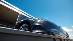 Showcase of luxury auto transport service at https://luxuryautocarriers.com with a sleek vehicle and modern carrier.