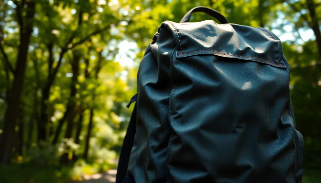 Rucksack nachhaltig aus lkw plane in der Natur, zeigt seine langlebige und umweltfreundliche Bauweise.