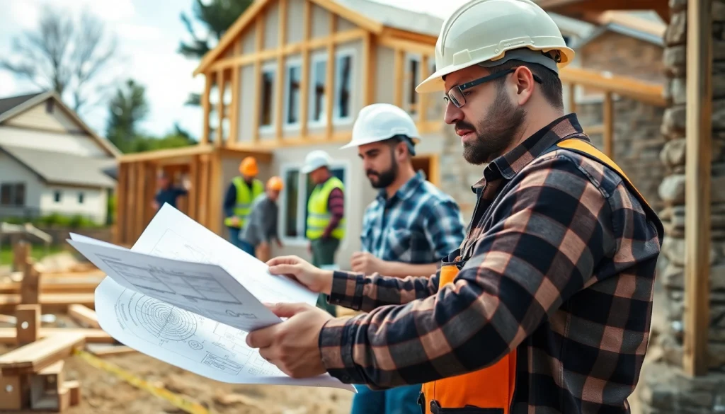 Engaged New Jersey General Contractor reviewing blueprints on a construction site with a team.