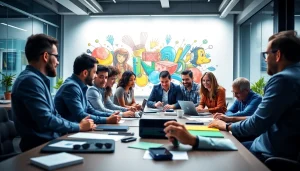 Engaged team brainstorming about JBO branding in a vibrant office environment.