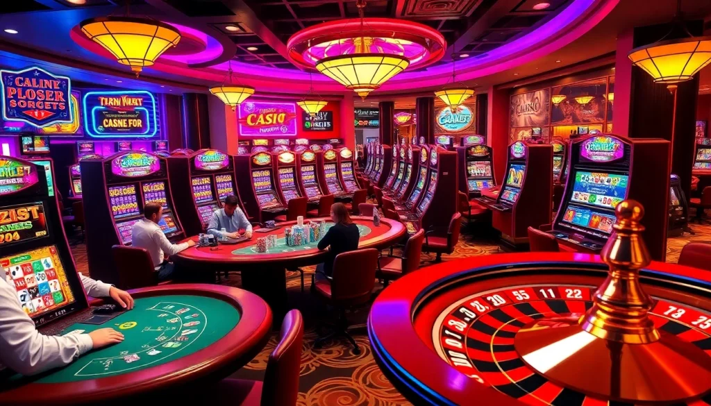 A lively gambling scene featuring players at KJC AC tables with vibrant slot machines, poker chips, and a roulette wheel.
