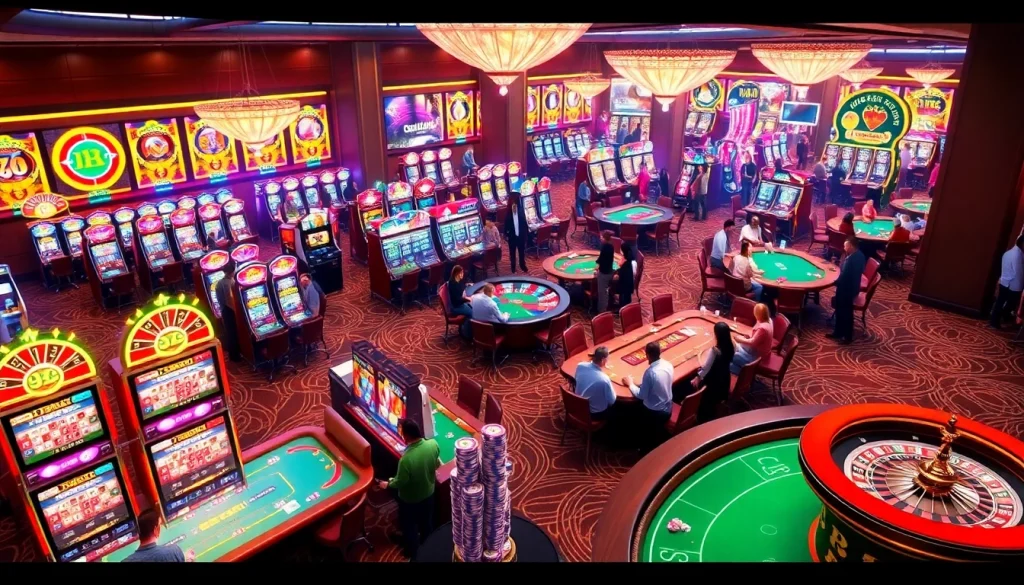 Experience the vibrant gambling world of KJC AC 1 with players enjoying casino tables and slot machines.