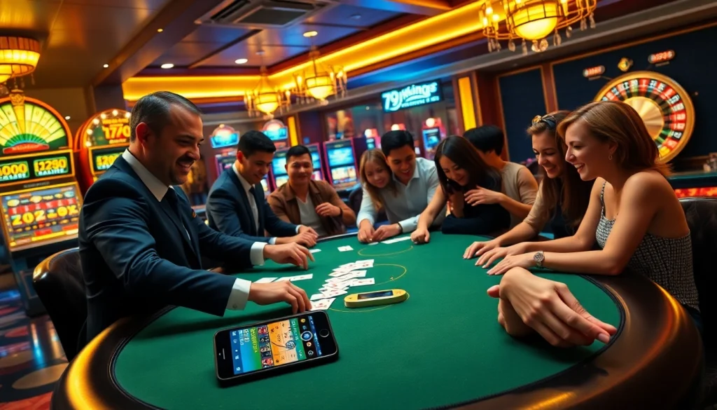 Exciting scene of players at a poker table, showcasing the 79king app for casino action.