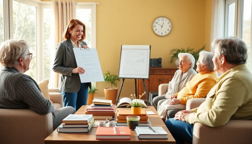 Engaging scene at https://frontidas.com showcasing a senior lifestyle advisor with seniors discussing retirement planning.