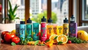 Showcasing an array of vibrant jeeter juice vape products on a wooden table surrounded by fresh fruits.