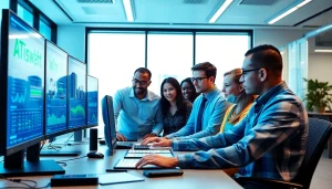 Experience https://www.benchbot.ai's AI testing capabilities with a diverse team collaborating in a modern office.