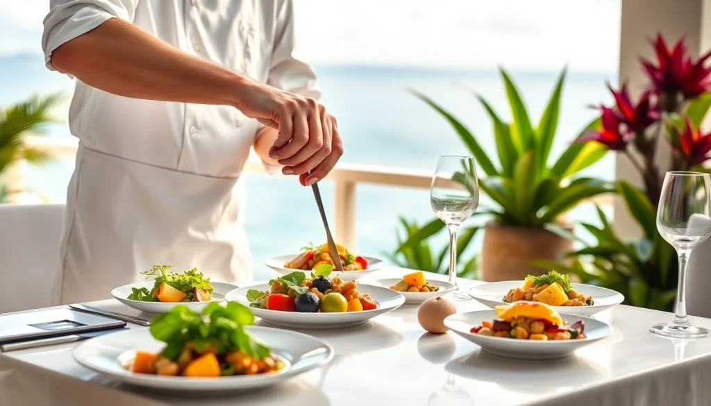 Private chef Sint Maarten elegantly plating gourmet dishes in a luxury villa setting.