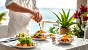 Private chef Sint Maarten elegantly plating gourmet dishes in a luxury villa setting.