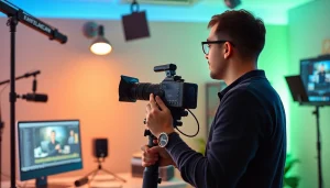 Creating engaging training videos with a professional videographer in a modern studio.