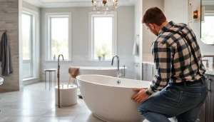 Expert bathroom builders meticulously crafting a modern bathroom with refined features and elegant design.