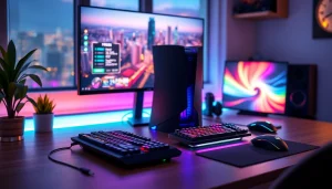 Engaging view of the modern RR88 gaming console with RGB accessories in a home office setup.