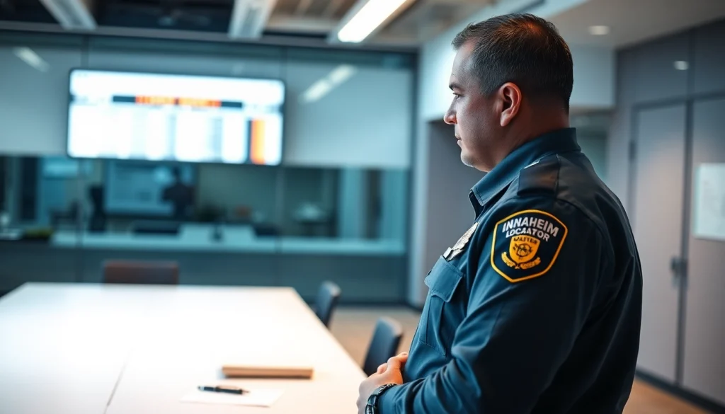 Search for inmates using the Anaheim inmate Locator displayed on a police officer's monitor.