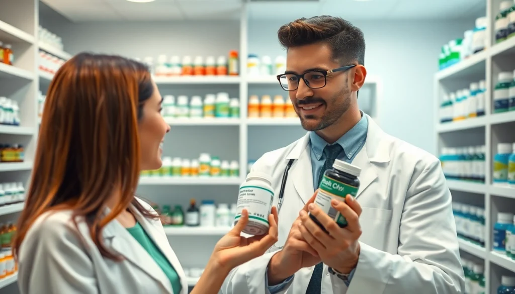 BUY HGH ONLINE with a trusted pharmacist in a well-stocked pharmacy, promoting health and trust.